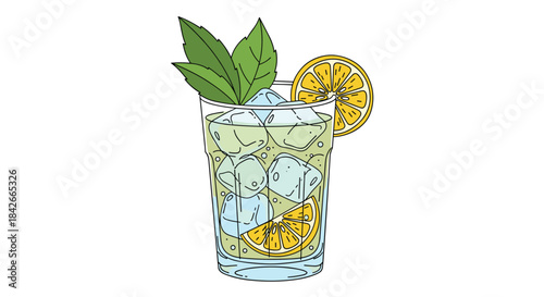 Refreshing glass of lemonade or mojito cocktail with ice cubes lemon slices and fresh mint leaves in a hand-drawn sketch style.