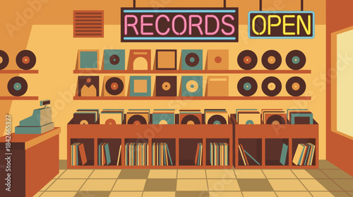 Retro record store interior illustration with shelves full of vinyl albums, a cash register, and a glowing neon sign in a warm, nostalgic flat design style