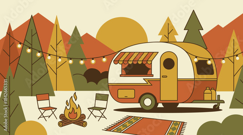 Retro travel trailer with a striped awning sits at a campsite with a warm campfire and chairs under string lights in a scenic mountain forest landscape