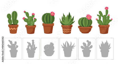 Find the correct shadow educational matching game for kids with a set of cute cartoon cactus and succulent plants in brown pots.