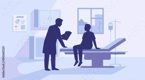 Doctor and patient silhouettes in a flat vector illustration style discussing a diagnosis during a medical consultation in a modern clinic examination room