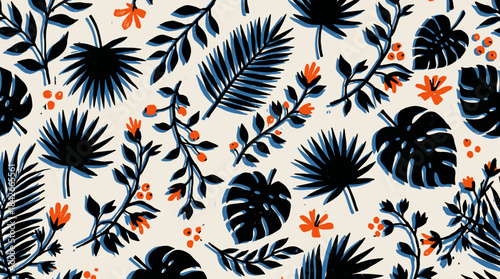 Seamless tropical pattern with bold black leaves, orange flowers, and berries in a modern hand-drawn block print style with a blue shadow effect on a cream background