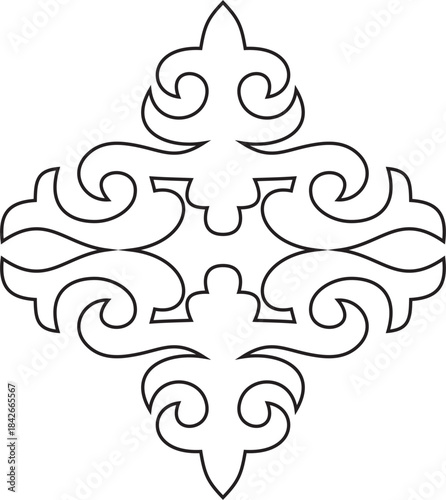 Vector black contour Kazakh national ornament. Ethnic pattern of the peoples of the Great Steppe,
