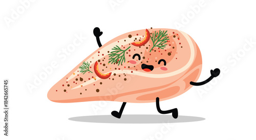 Funny cartoon raw chicken breast character with a happy face seasoned with herbs running cheerfully on a white background vector.
