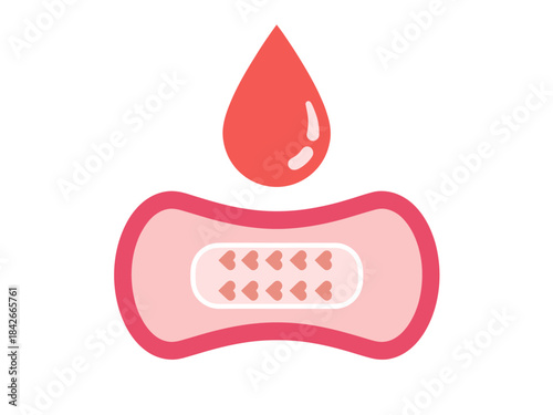 A stylized red droplet hovers above a pink sanitary pad featuring a central pattern of tiny hearts, creating a gentle and modern symbol of menstrual hygiene