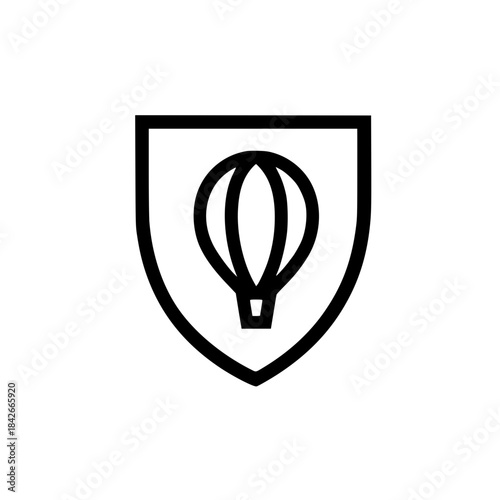 Vector shield with hot air balloon symbol representing aviation safety awareness and sustainable mobility idea