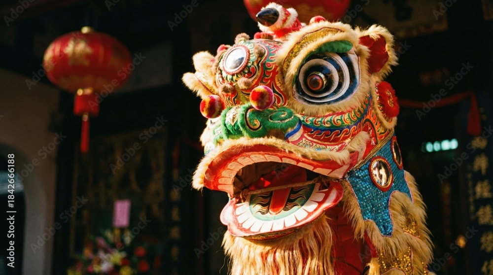 Fototapeta premium Colorful traditional lion dance costume head with intricate designs and vibrant colors, displayed during a cultural festival, symbolizing good fortune and celebration in a festive atmosphere