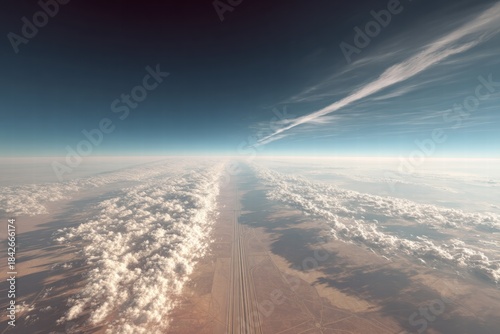 A breathtaking aerial view captures a horizon divided by earth, clouds, and the atmospheric sky with a jet stream streaking across the view.