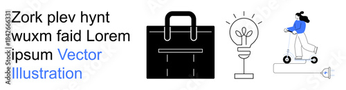 Entrepreneurship, innovation, sustainable transport, eco-friendly commuting, creative ideas, work-life balance. Minimalist design with briefcase, idea bulb, and woman riding an electric scooter
