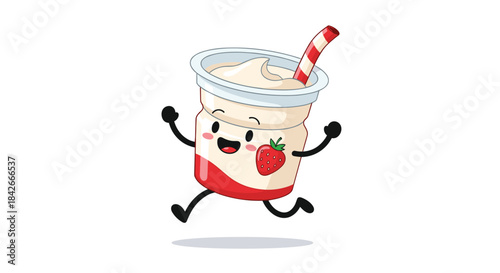 Happy strawberry yogurt cup cartoon character with a cute face and a straw running and jumping with joy on a white background.