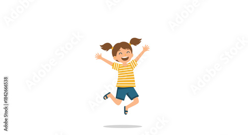 Happy little girl with brown pigtails and a striped shirt jumping in the air with excitement and joy on a white background.
