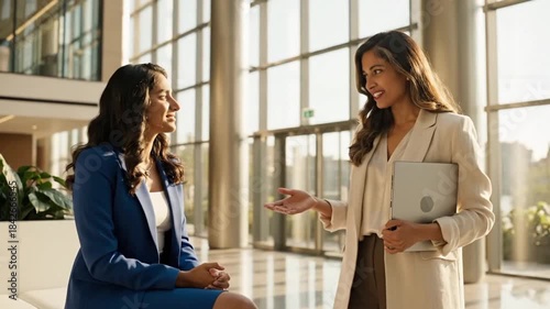 Two professional businesswomen having a conversation while standing in a bright modern corporate office lobby