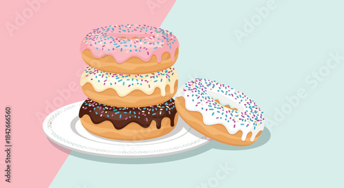 Stack of sweet glazed donuts with colorful sprinkles on a white plate against a modern split pink and blue pastel background.