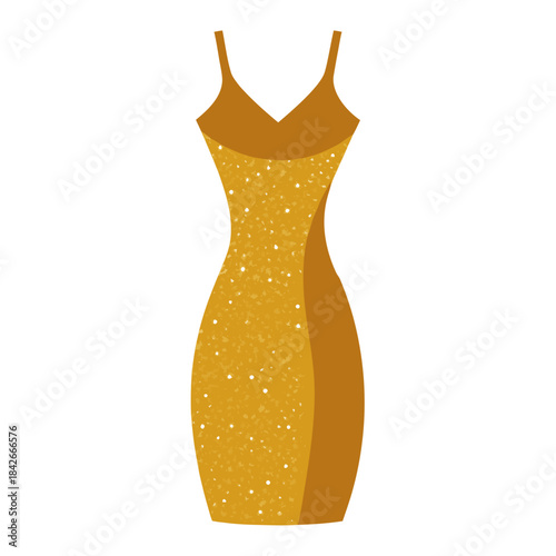 A stylized illustration of a glamorous gold glitter cocktail dress with spaghetti straps