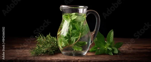 Panel kuchenny z motywem Warm water gently infuses vibrant aromatic herbs inside a clear glass pitcher