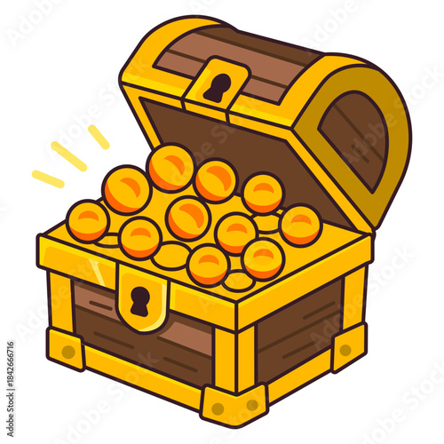 Antique wooden treasure chest open and full of gold coins, an old vintage suitcase of wealth and money