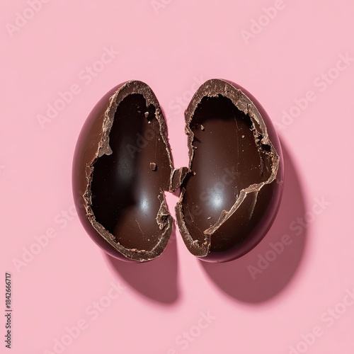 A broken chocolate egg, split in two, on a pink surface