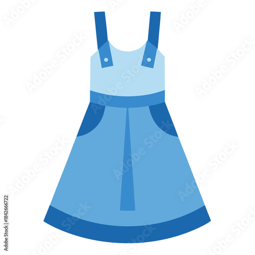 A simple blue pinafore dress illustration with straps and pockets on a white background.