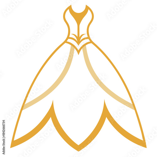 A stylized vector illustration of an elegant golden ball gown or wedding dress design
