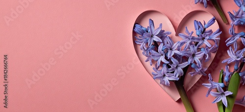 Pink paper backdrop with a heart-shaped cutout filled with purple flowers and greenery
