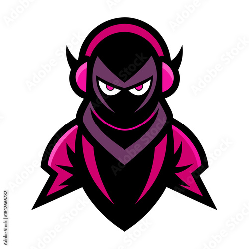 Mysterious masked character mascot design with glowing eyes and vibrant pink headphones