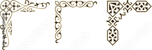 Vector Kazakh gold with black national ornament, Ethnic pattern of the Turkic peoples. Drawing of nomads. Yurt decoration. Frame, vignette of the page.