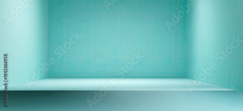 A minimalist aqua-toned room with a shelf and soft lighting, creating a serene, modern space