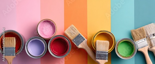 Array of paint cans and brushes atop colorful vertical stripes, representing art and creation