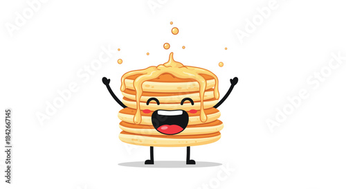 Happy cartoon pancake character with a cheerful face and arms raised celebrates being covered in melting butter and sweet syrup.