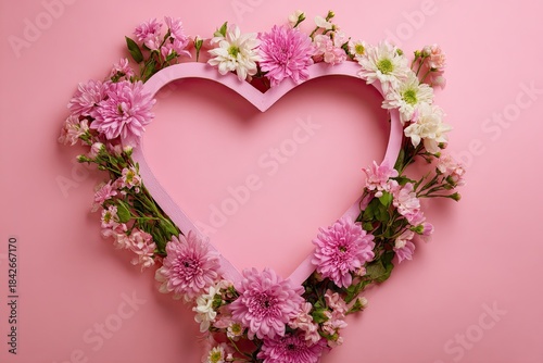Heart-shaped floral frame on pink backdrop; blossoms encircle a pink cutout