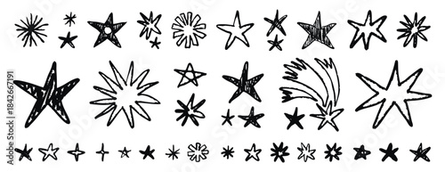 Set stars and meteorite doodle style drawn by hand. Grunge scrawls, charcoal scribbles, rough brush strokes, underline. Bold charcoal freehand stars. Crayon or marker scribbles, hand drawn. Suitable.