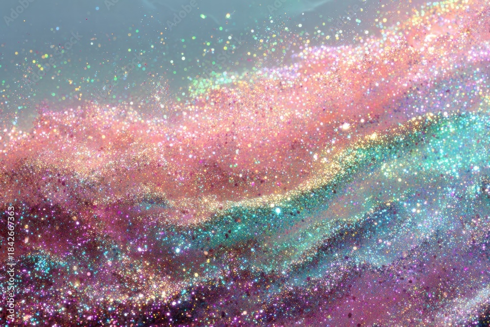 Fototapeta premium Swirls of shimmering glitter dust in pastel colors evoke a dreamy and magical feel, as if capturing a cosmic event in a cloud of sparkles.
