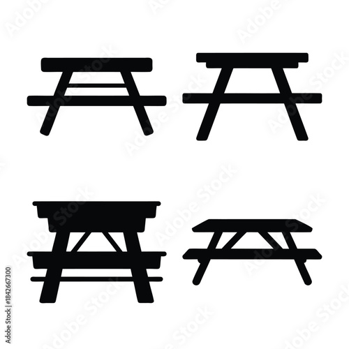 Picnic table icon set: four outdoor furniture vector designs