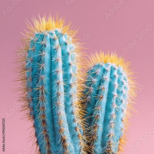 Two cacti, blue-green with yellow spines, against a solid pink backdrop