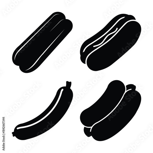Set of diverse hot dog and sausage black silhouette icons