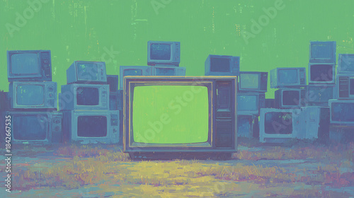 Retro CRT Television Mockup with Green Screen Surrounded by Old Analog TVs, Vintage Media Technology Background