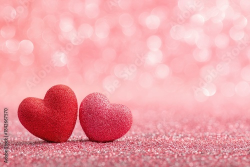 Two sparkly heart shapes on a shimmering, bokeh-filled pink background, close-up view