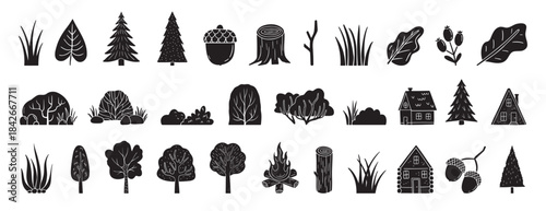 Scandinavian boho forest silhouette isolated elements. mystical and elegant collection various plants forest. Trees, bush, grass, logs, leaves