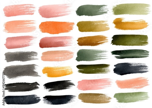 Watercolor brushstrokes in varied warm and cool hues, arranged on a white backdrop