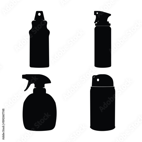 Silhouettes of various household cleaning and liquid spray bottles