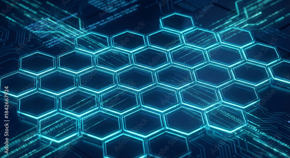 Obraz premium Structure shows hexagonal molecular lattice with digital patterns.