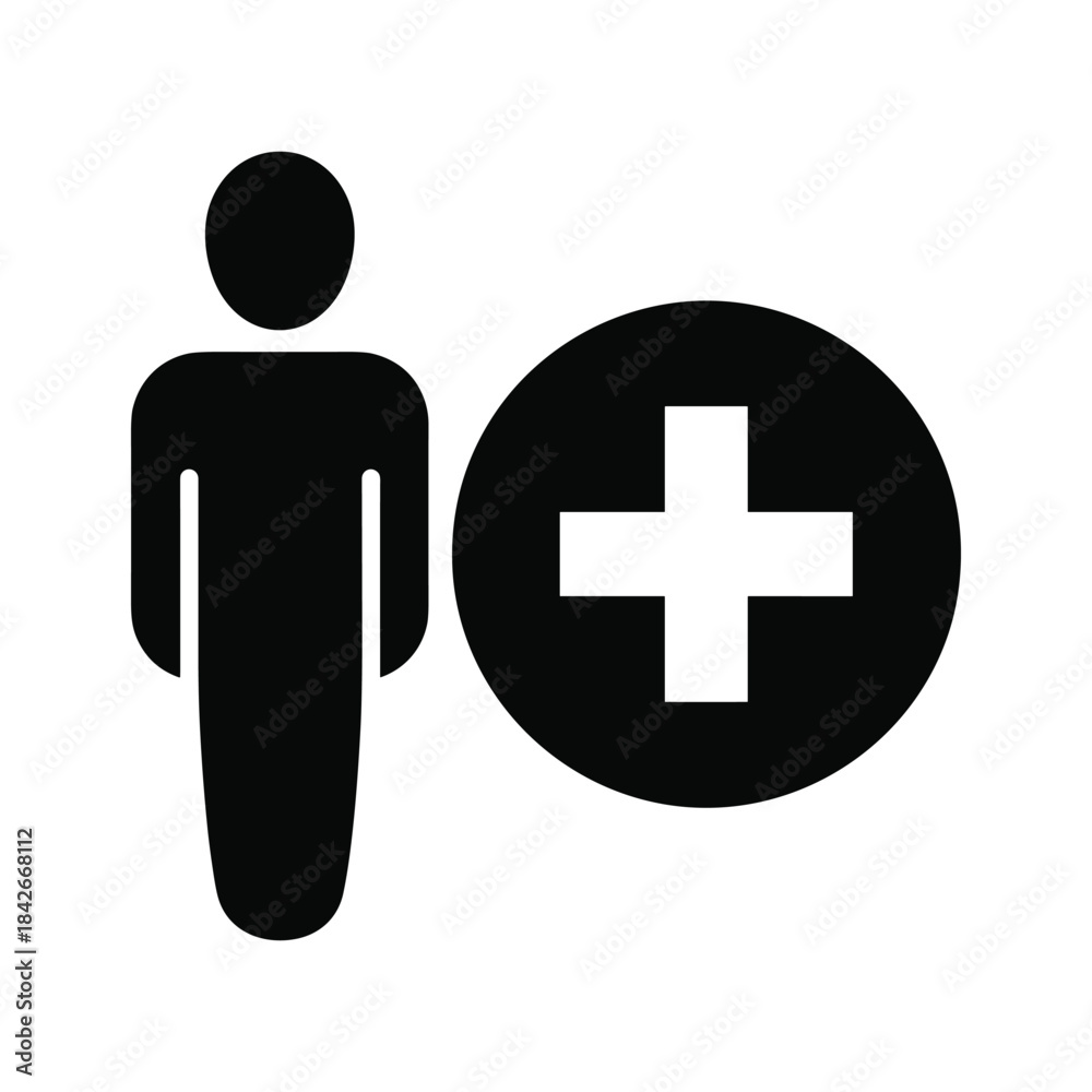 Fototapeta premium Black silhouette of a person icon with a plus sign inside a circle isolated on