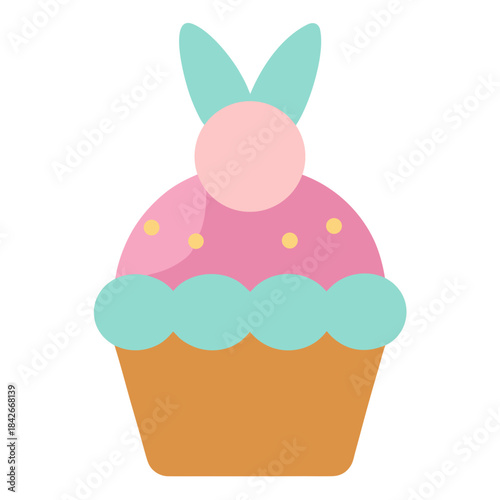 A colorful cupcake illustration in a cute flat design, featuring a bunny-themed decoration for easter or a birthday party