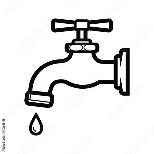 Illustration of a water tap with a drop of water isolated on simple black and white drawing