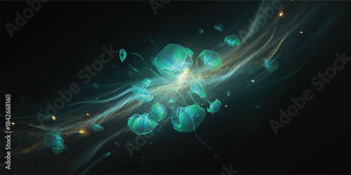 A glowing jellyfish in blue water exhibits fractal motion, embodying the concept of nanotechnology and magic light