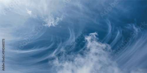 Abstract blue smoke and white cloud forms on a light sky background