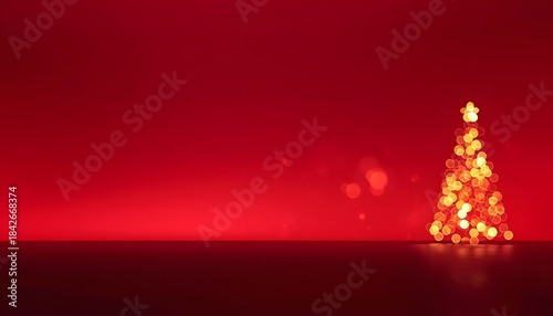 Minimalist Red Christmas Background with Glowing Golden Bokeh Tree and Copy Space for Holiday Text