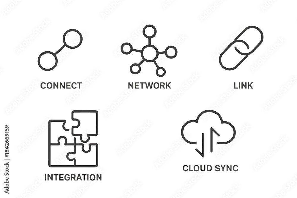 Obraz premium Connection, Network, Link, Integration and Cloud Sync Line Icons