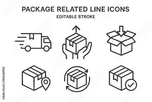 Package Delivery and Shipping Line Icons