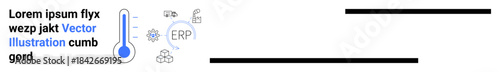 Data analytics, business management, enterprise software, workflow solutions, temperature monitoring, technology applications. A digital thermometer surrounded by ERP-related icons. Business
